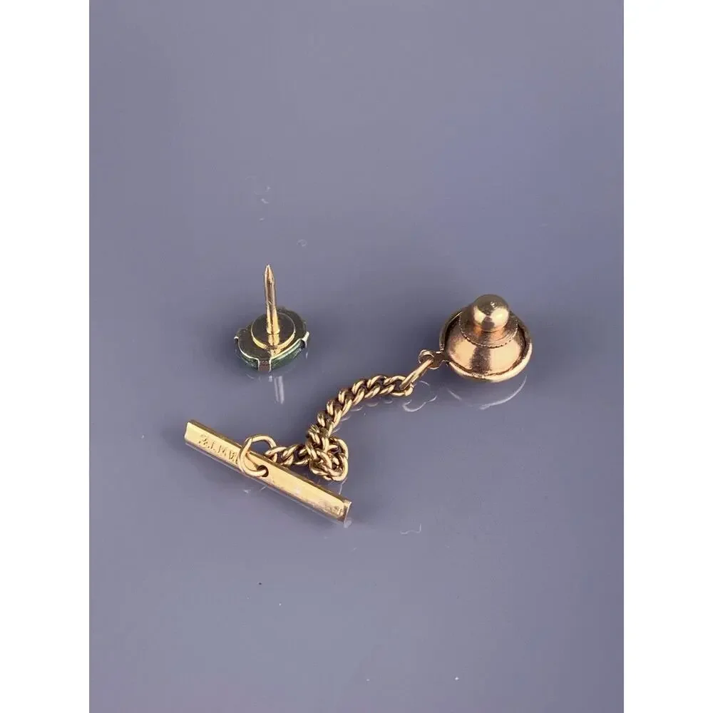 Green Jade Stone Cufflinks Tie Tack Pin Gold Tone Oval Modern Dante Vintage